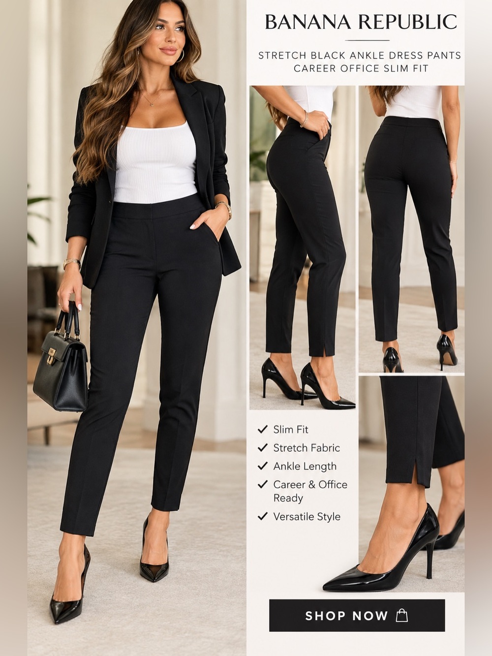 Banana Republic Stretch Black Ankle Dress Pants | Career Office Slim Fit